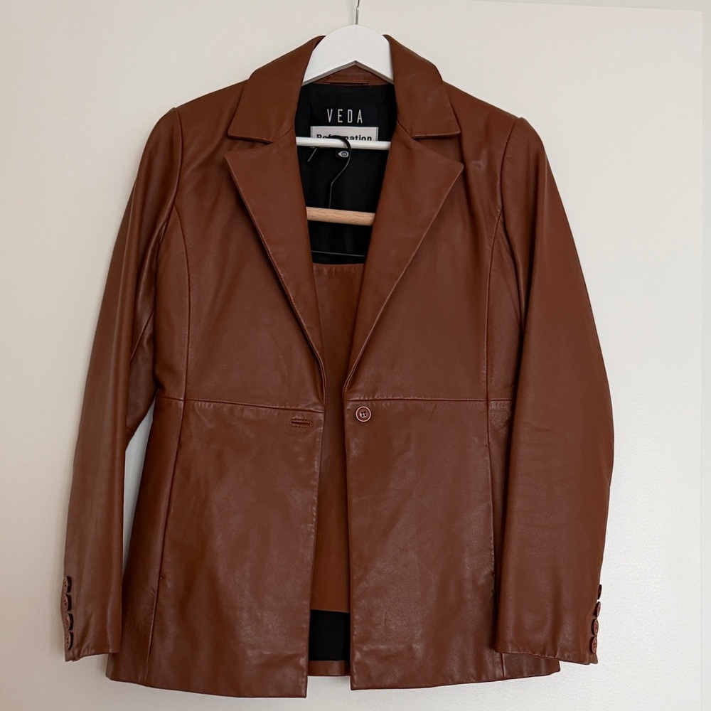 Veda x Reformation - Leather Blazer and Skirt Set